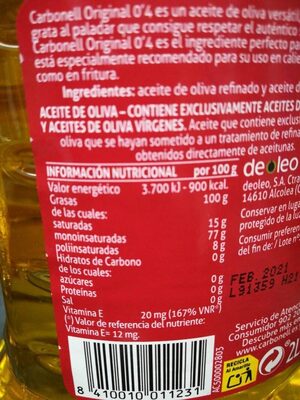 Aceite de oliva suave 0,4º bidón 2 l - Información nutricional