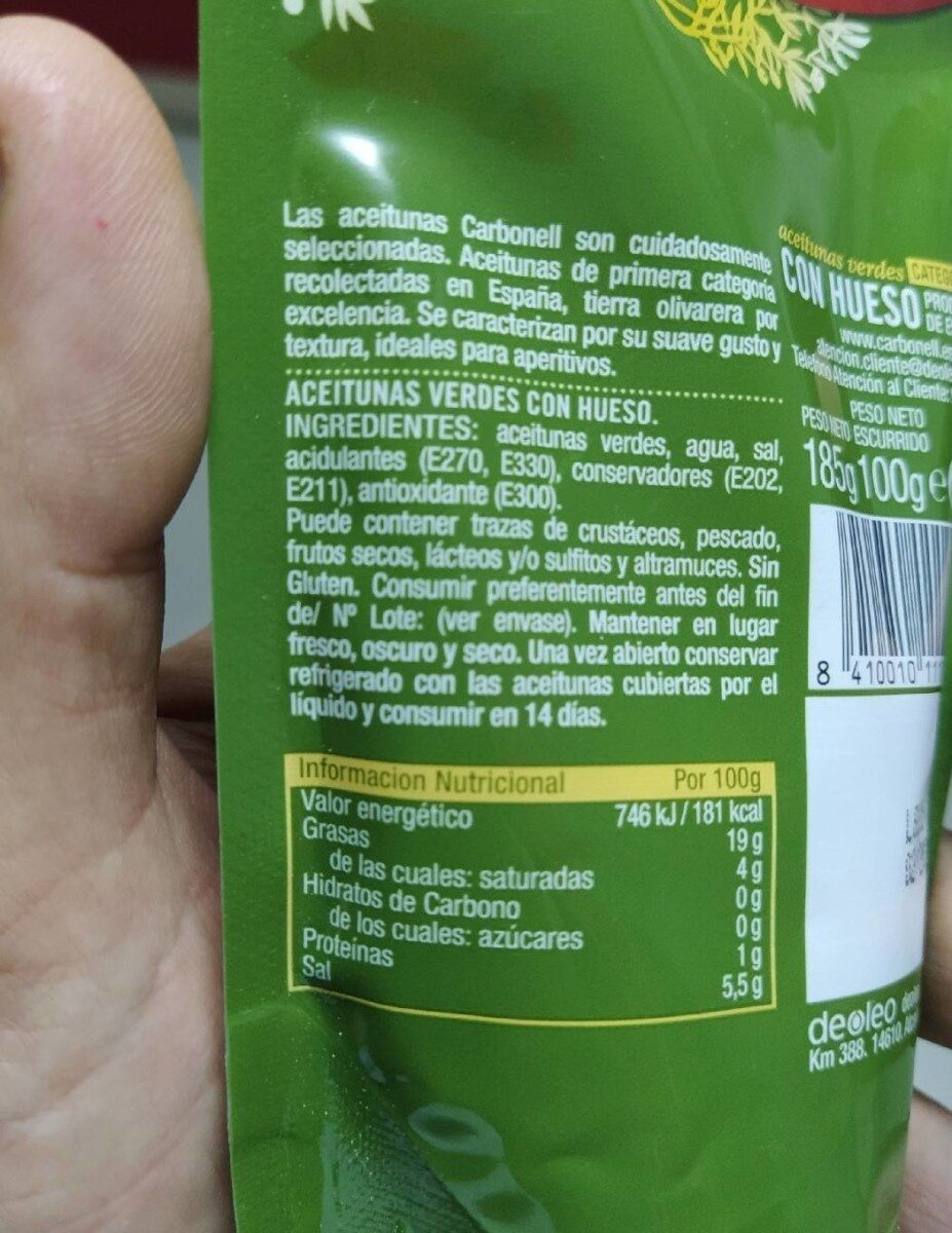 Aceitunas verdes con hueso - Información nutricional