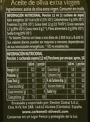 Aceite de Oliva Virgen Extra - Tableau nutritionnel - es