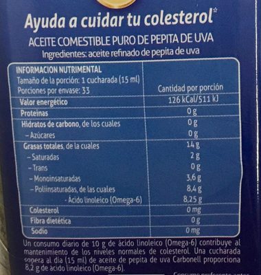 Aceite de pepita de uva Carbonell - Información nutricional