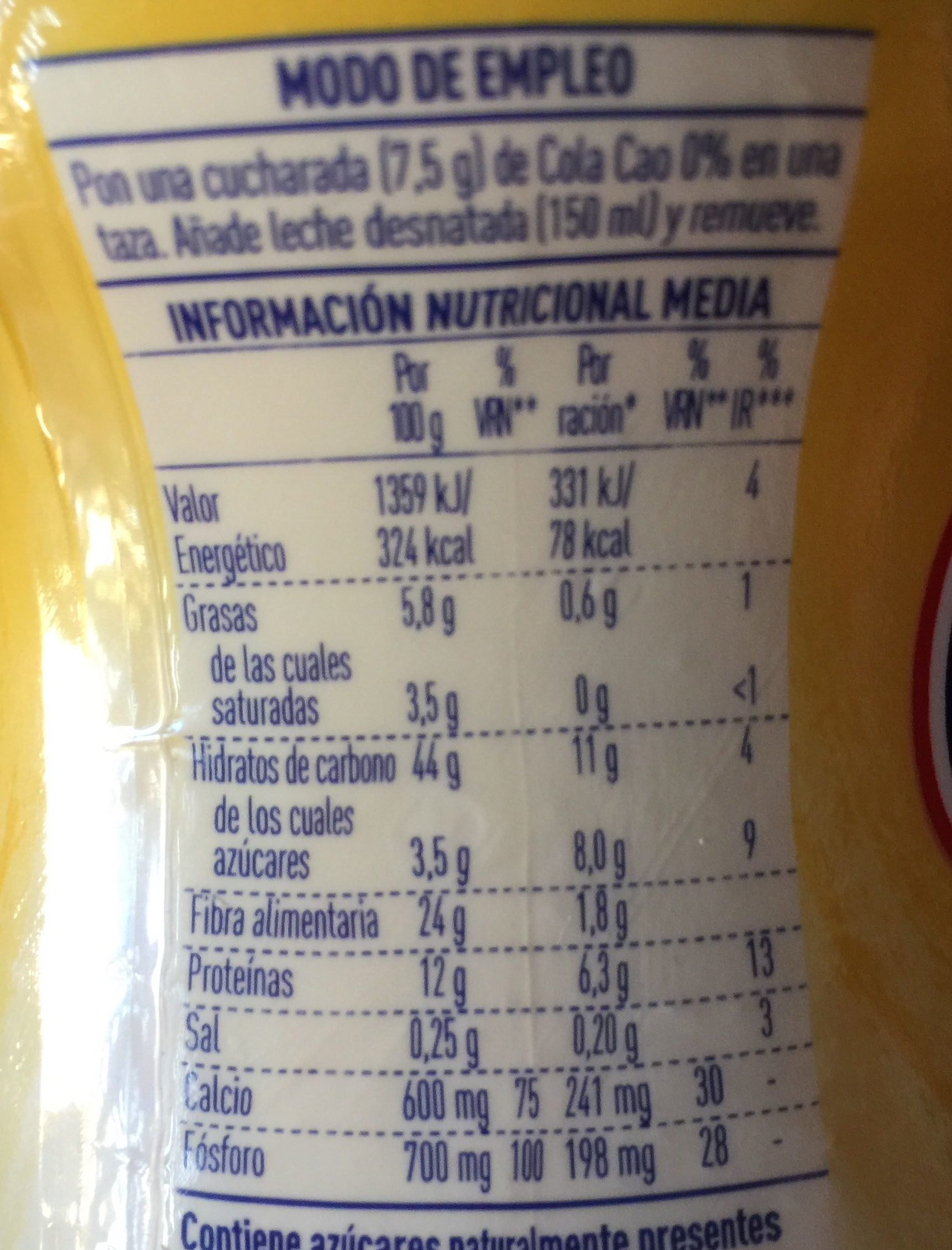 Cola Cao 0% azúcares - Tableau nutritionnel