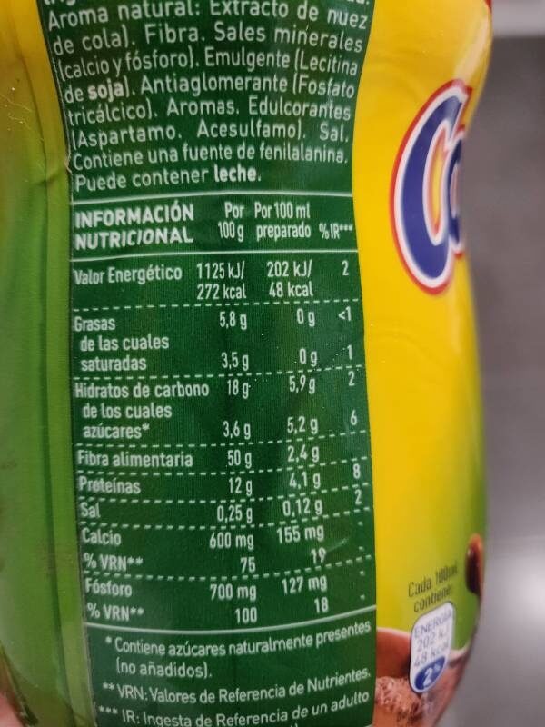 Cola Cao 0% con fibra - Nutrition facts - es