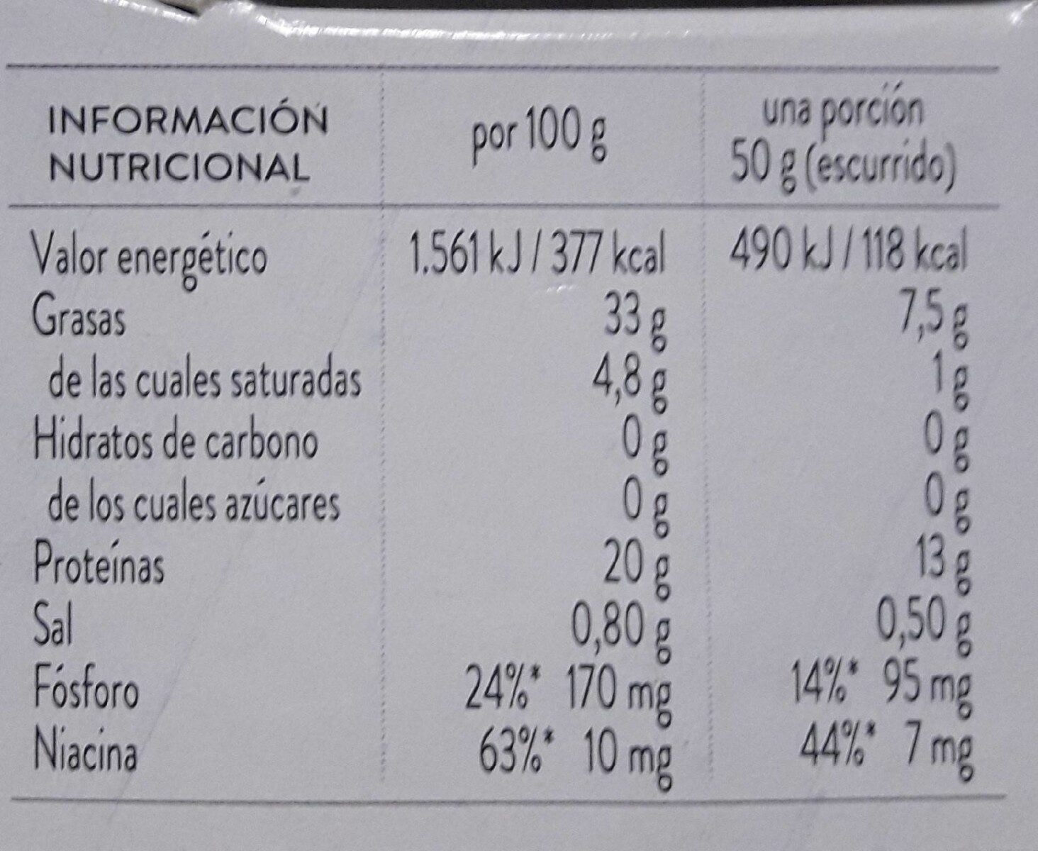 Atún claro aceite de oliva - Información nutricional - fr