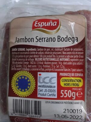 Jambon Serrano bodega - Tableau nutritionnel