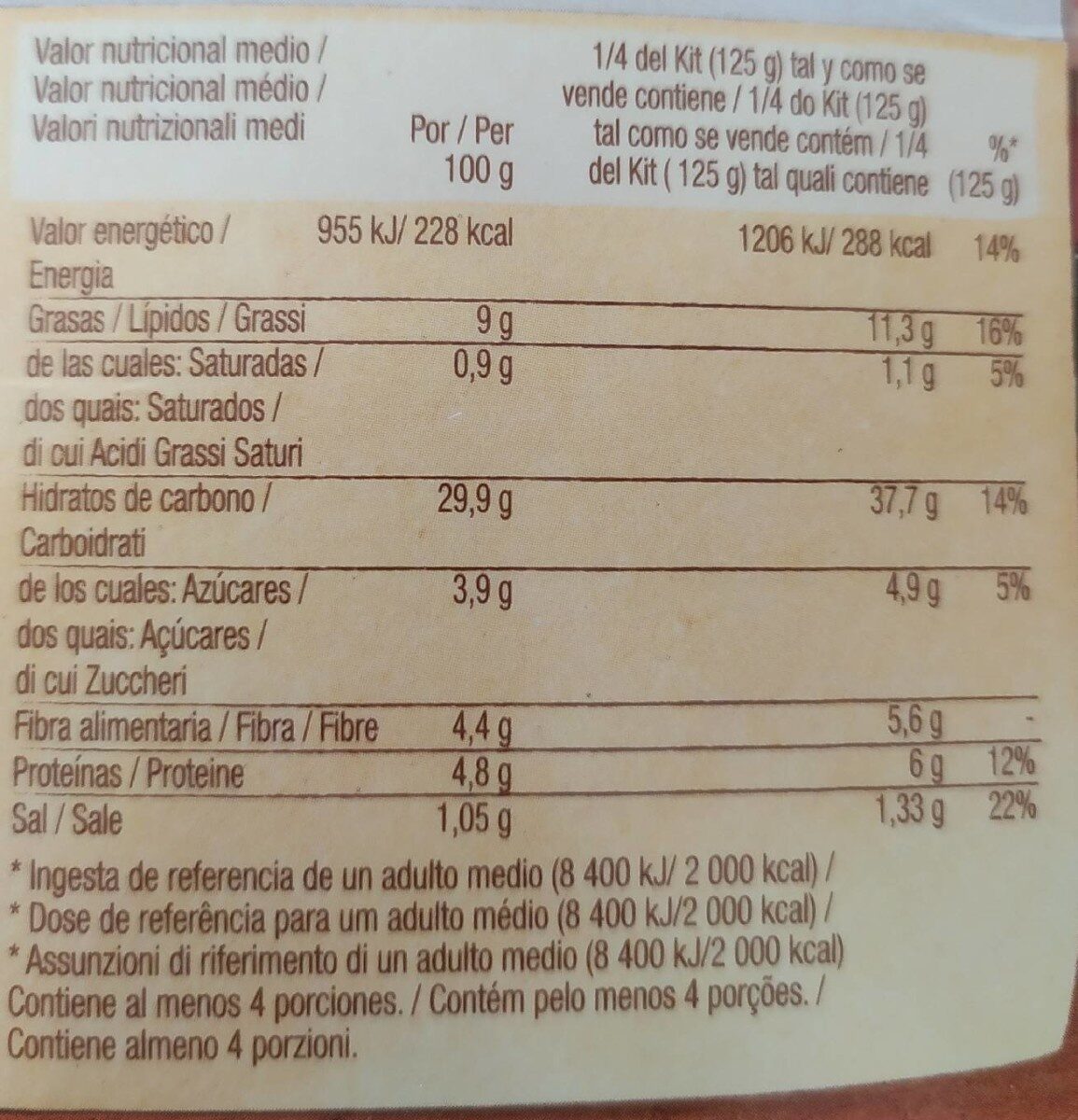 Kit para nachos original al horno suave caja 520 g - Informació nutricional - es