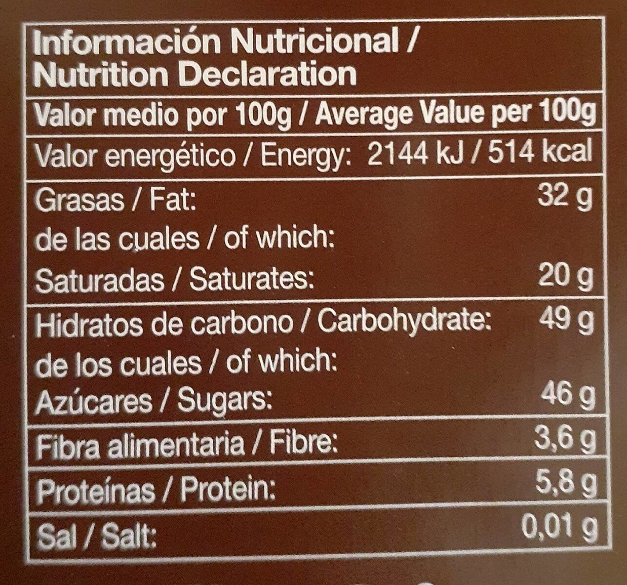 Chocolate Negro 53% cacao - Información nutricional