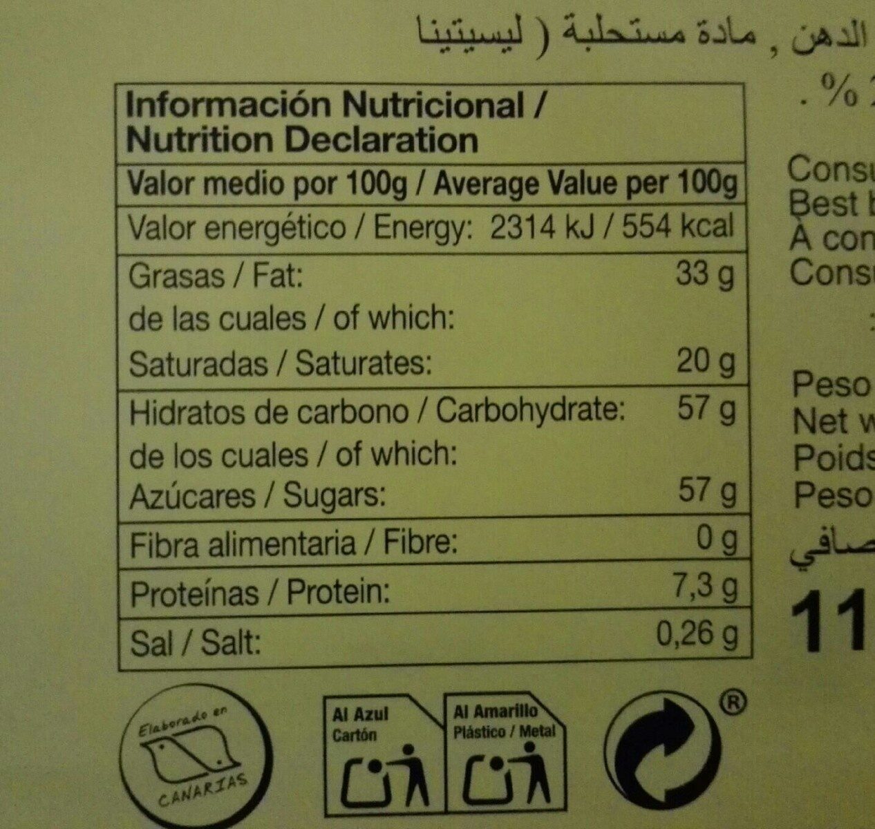 Chocolate blanco - Informació nutricional - es