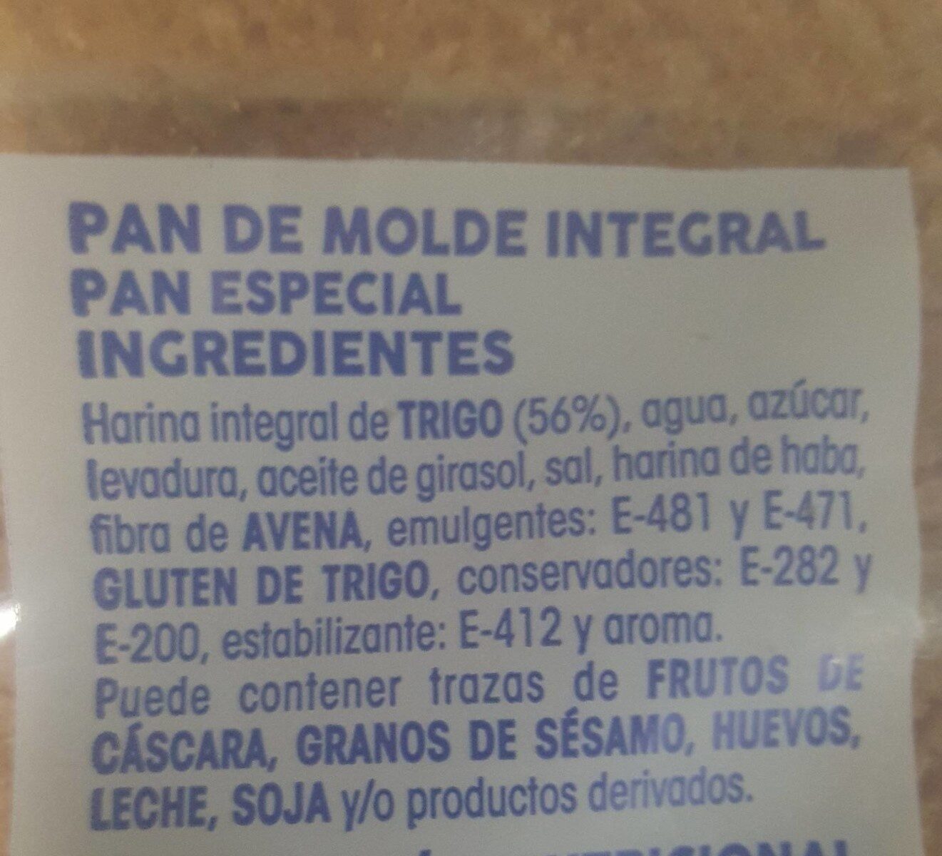 Pan de molde integral - Información nutricional