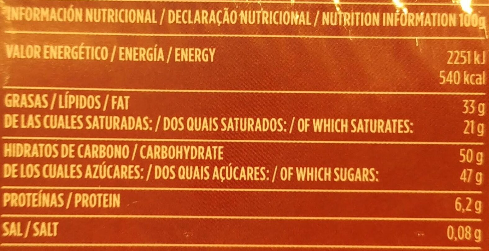 Chocolate Puro - Información nutricional