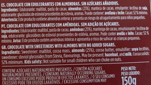 Chocolate puro con almendras enteras 0% azúcares - Ingredients - es