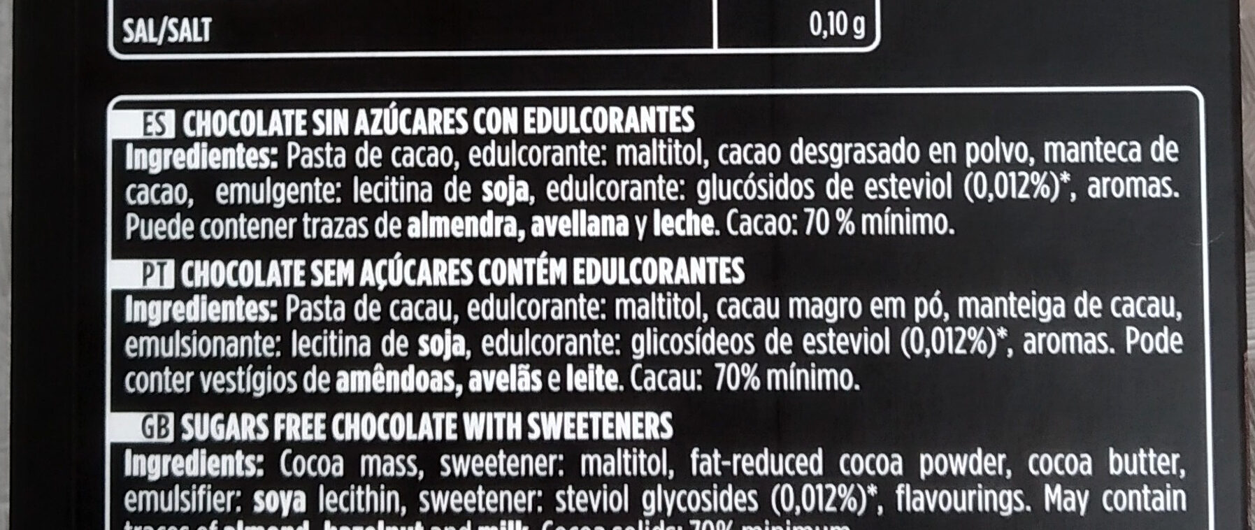 Chocolate negro 0% azúcares añadidos 70% cacao - Ingredients - es