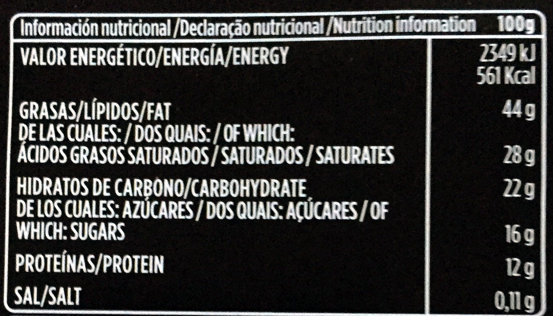 Chocolate negro 82% - Nutrition facts