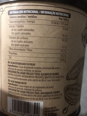Cacao puro 0% - Dados nutricionais - es