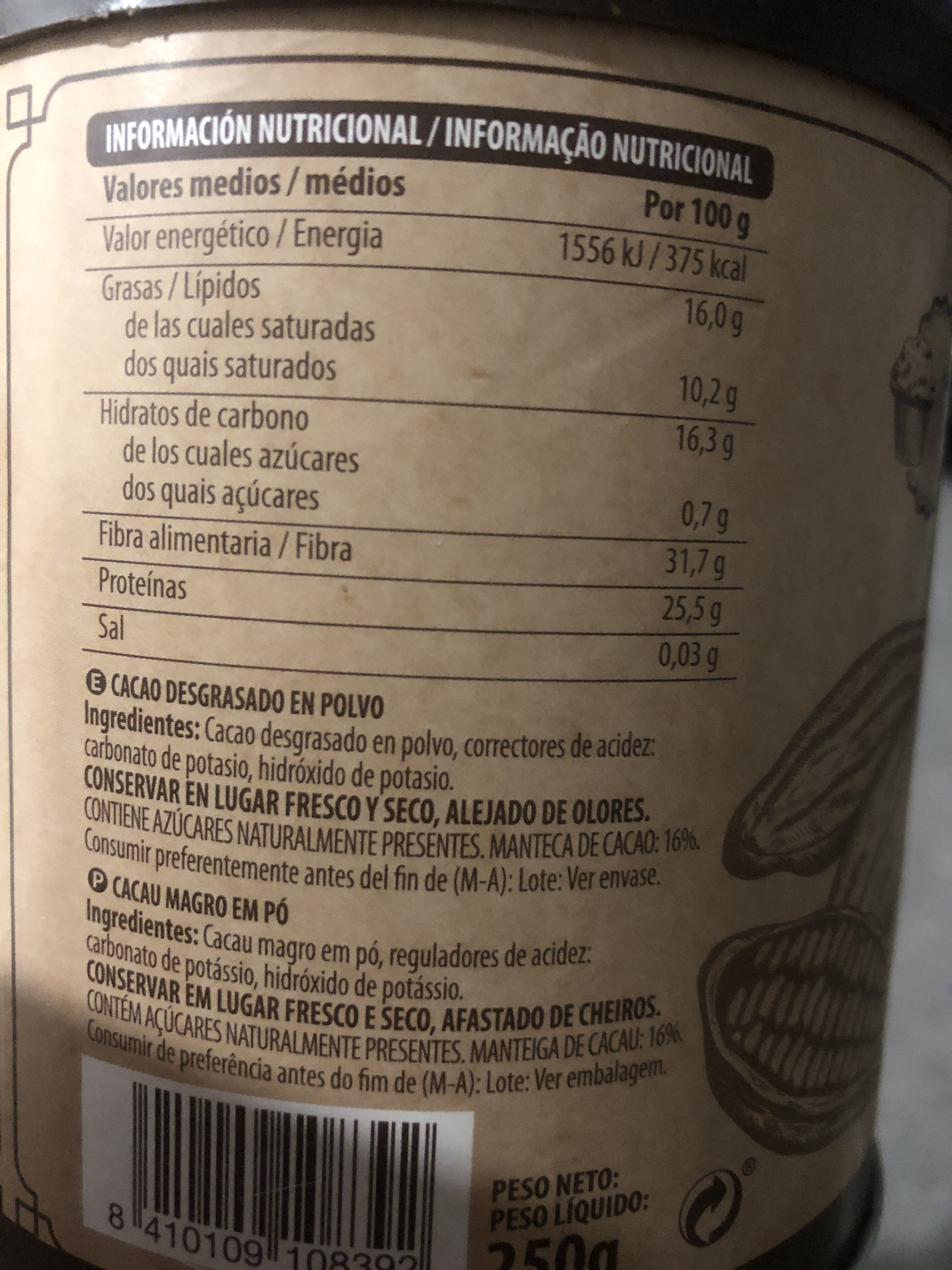 Cacao puro 0% - Informació nutricional - es