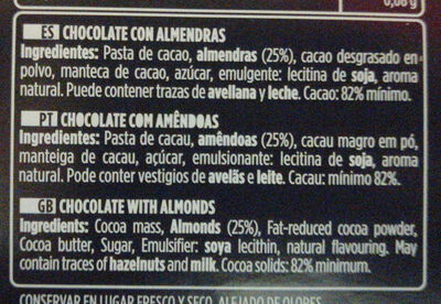 Valor Chocolate negro 82% con almendras mediterráneas enteras 82% - Ingredients - es