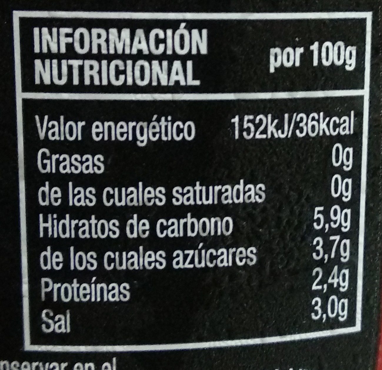 Ketchup cero sin azúcares añadidos - Informació nutricional