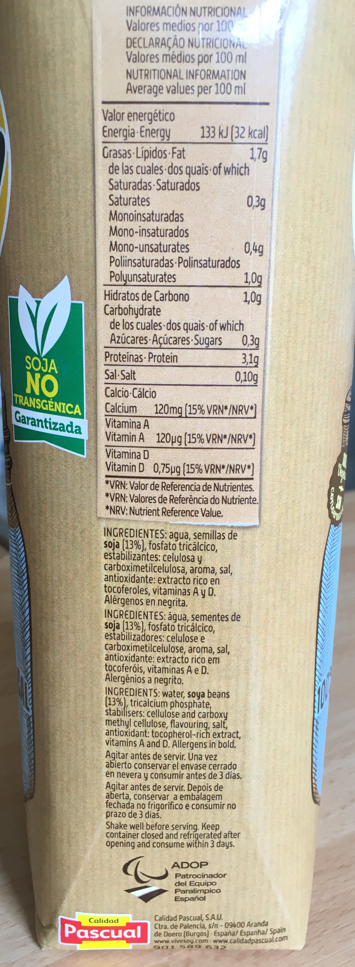 Bebida de soja clásica 100%cultivo local - Ingredienser - es