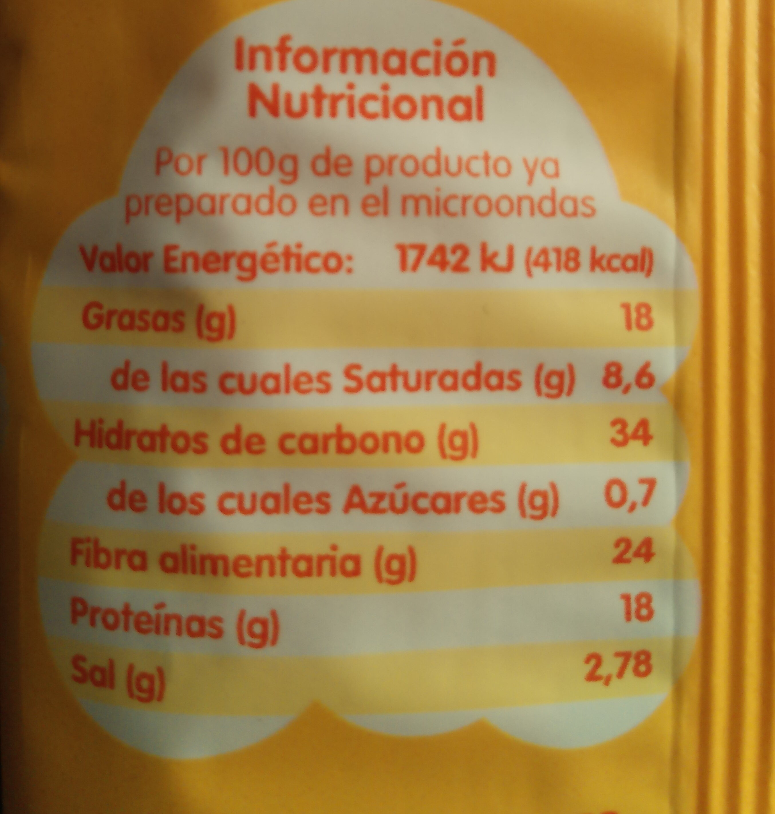 Palomitas mantequilla para microondas envase 100 g - Información nutricional - fr