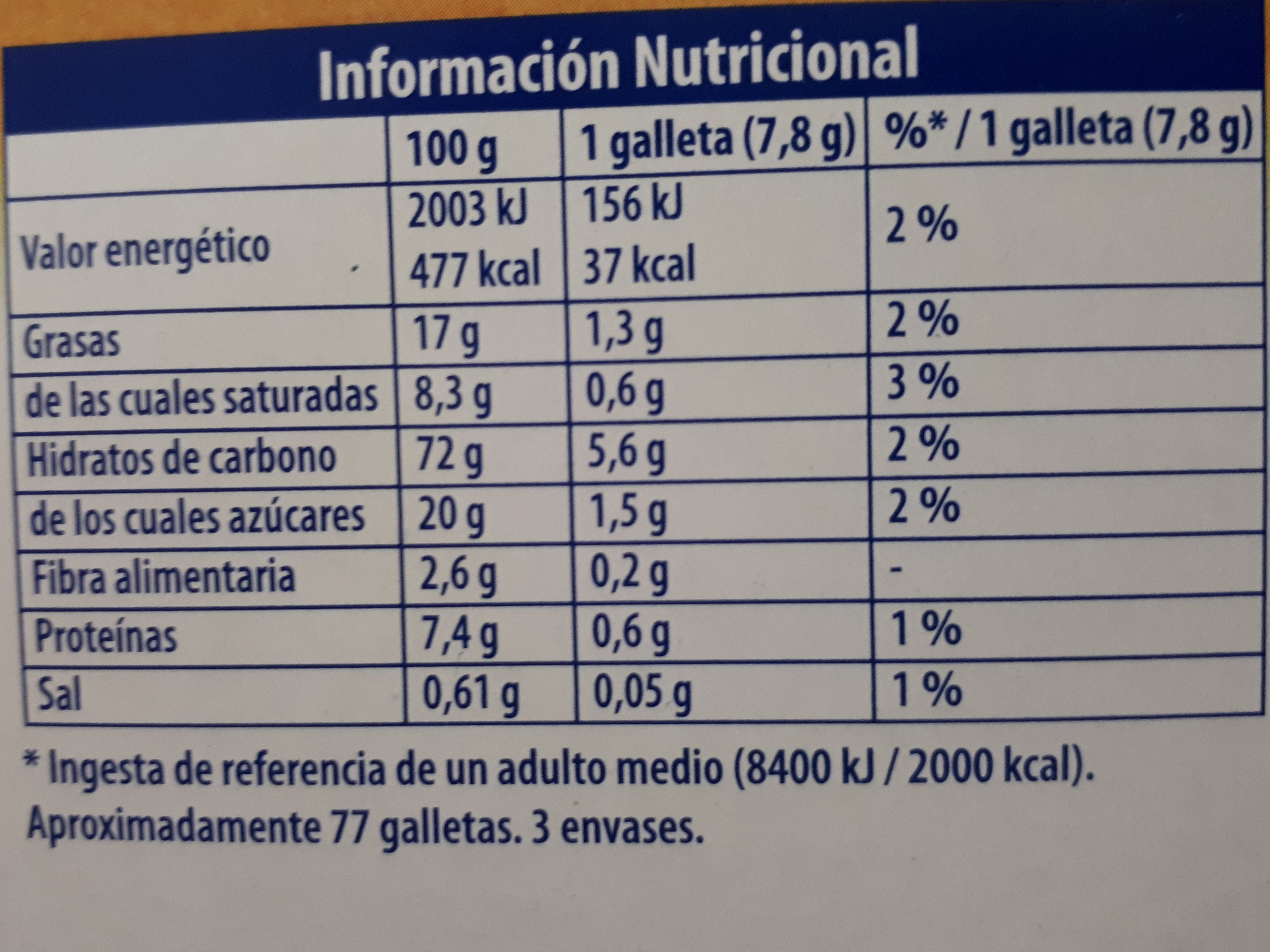 Galletas doradas al horno - Información nutricional
