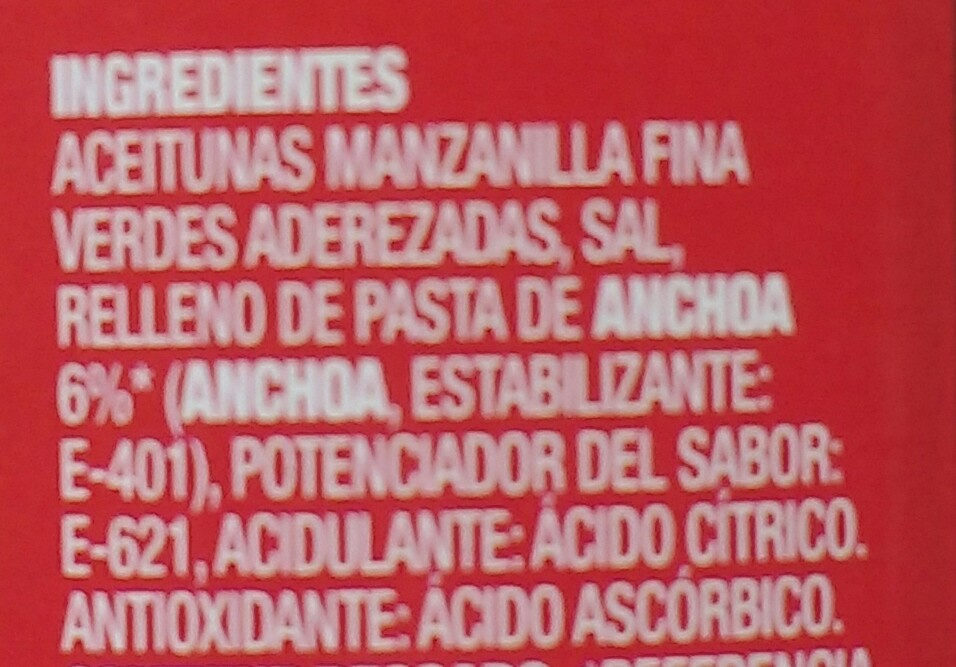 Clásicas aceitunas rellenas de anchoa lata 150 g - Ingredients - es