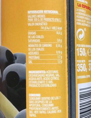 Aceitunas negras sin hueso lata 150 g - Informació nutricional - es