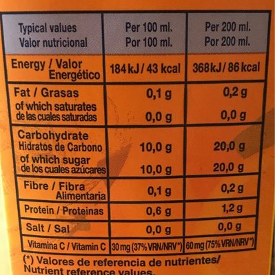 Zumo naranja sin pulpa - Tableau nutritionnel
