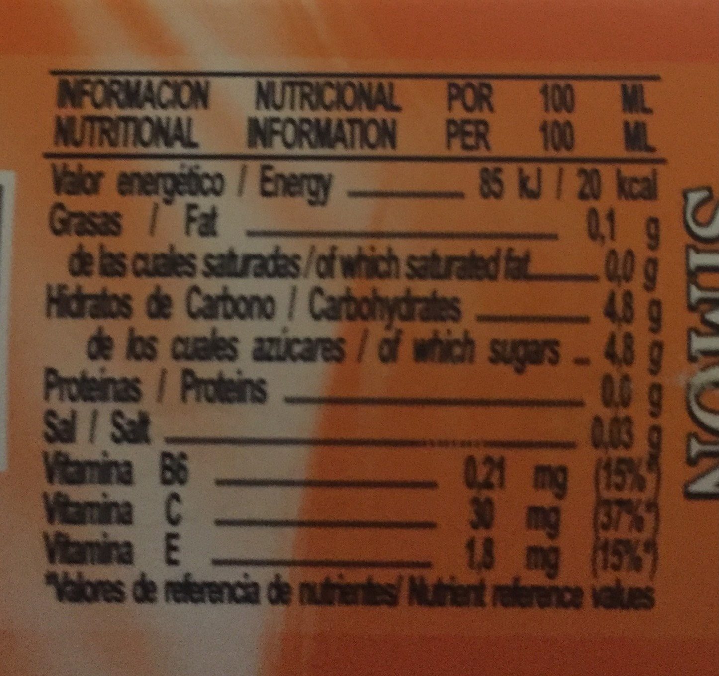 Bebida de zumo de naranja sin gas sin gluten - Nutrition facts