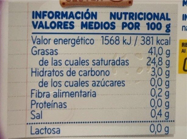 Mantequilla sin lactosa ligera - Informació nutricional - es