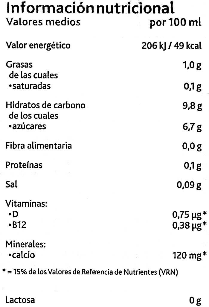Bebida de arroz sin azúcares añadidos bajo grasas - Información nutricional