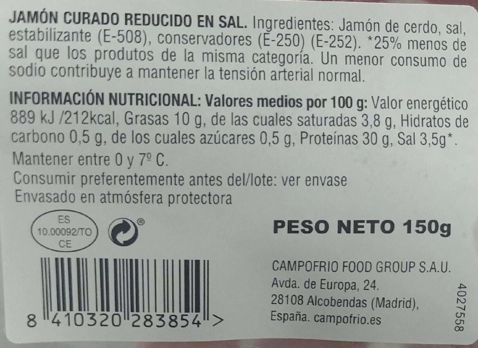 Jamón curado 25% Menos de Sal - Información nutricional