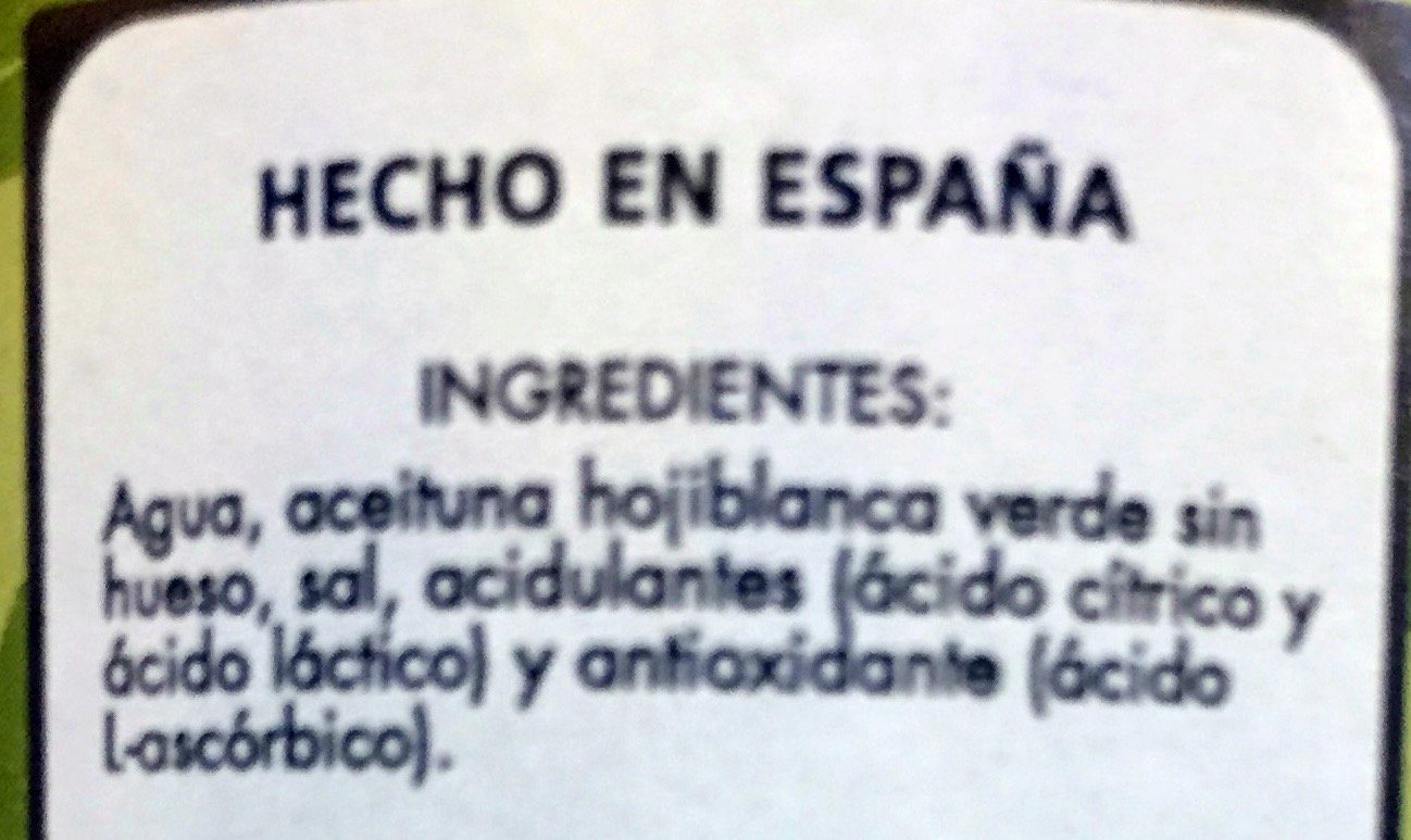 Aceitunas Verdes Sin Hueso - Ingredientes