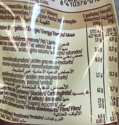 Galletas Diet-fibra Choco X75grm. gullon - Tableau nutritionnel