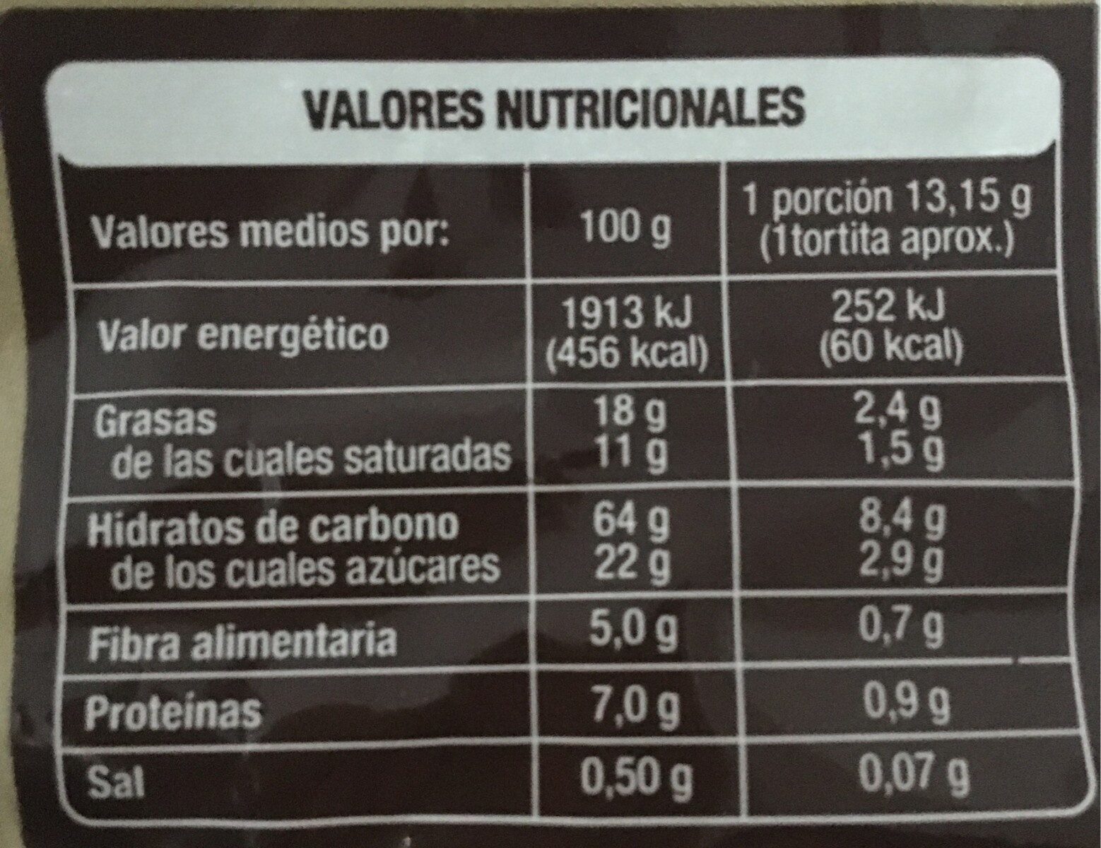 Tortitas de arroz integral con chocolate negro - Información nutricional