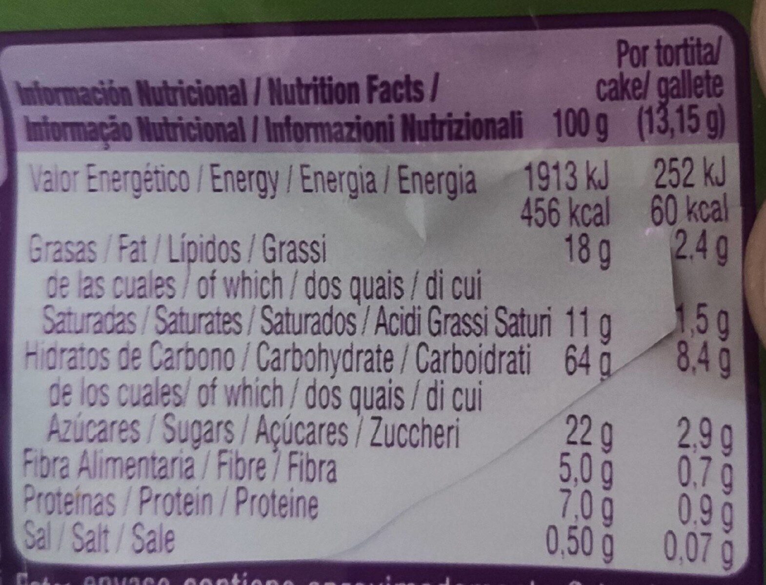 Tortitas de Arroz Integral con Chocolate Negro sin Gluten - Información nutricional