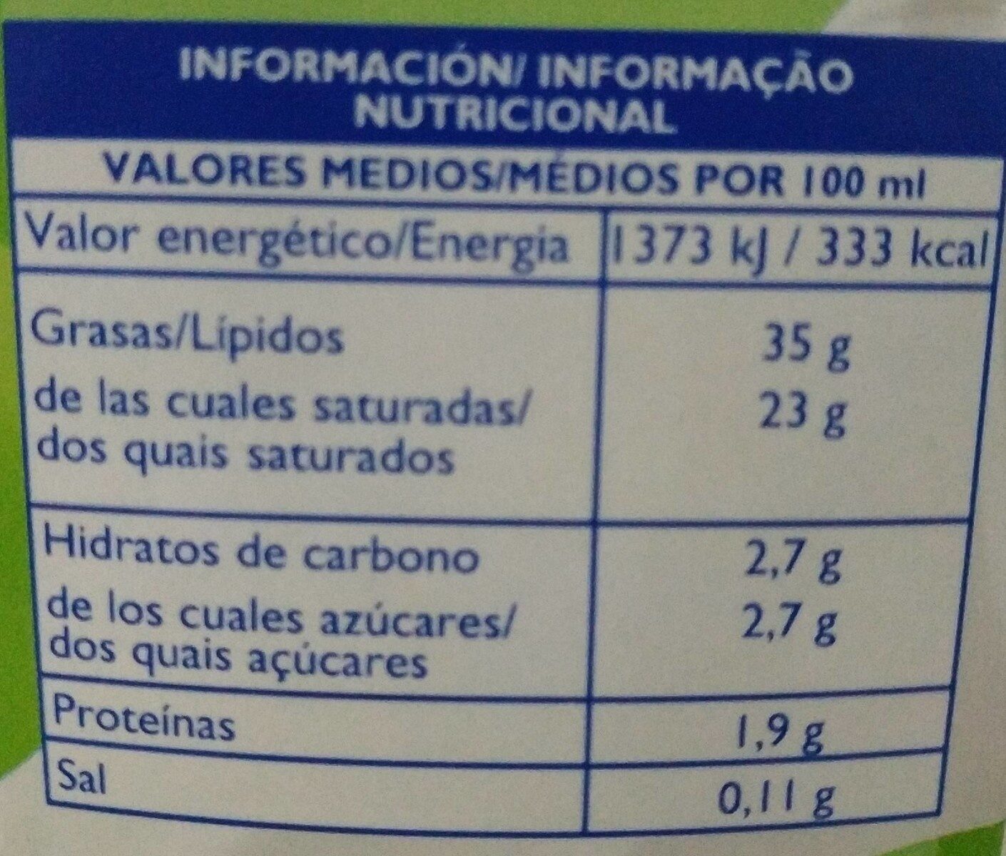 Nata Especial para Montar - Nutrition facts - es