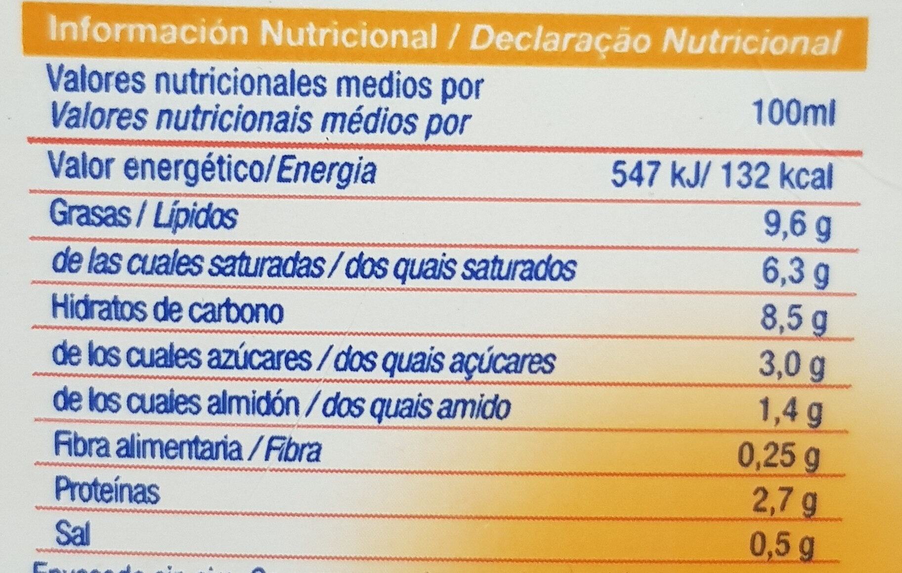 Bechamel - Nutrition facts - es