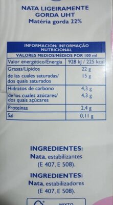 Nata ligera 22% - Nutrition facts - es