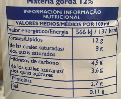 Nata ligera 12% - Nutrition facts - es