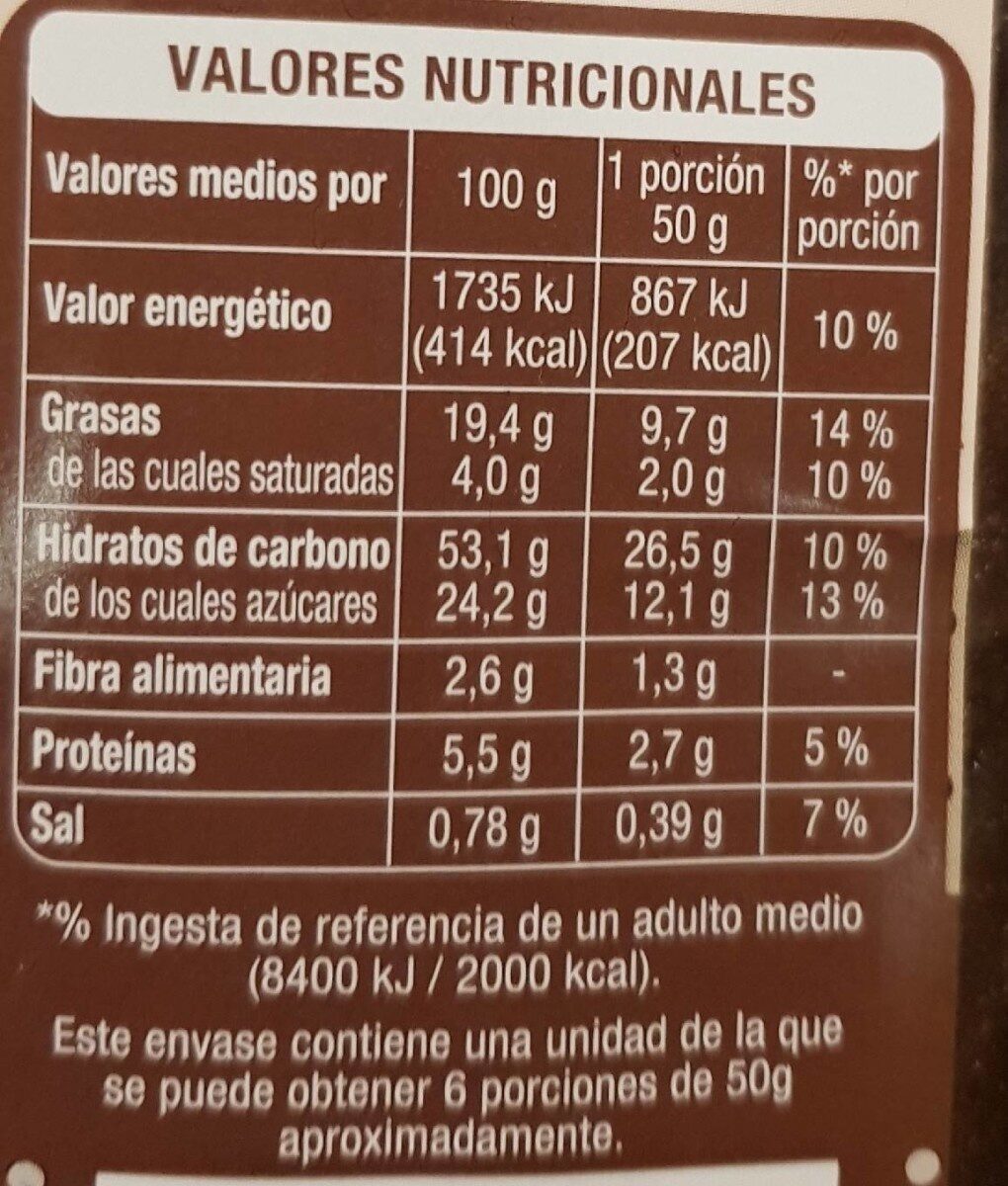 Bizcocho chocolate - Dados nutricionais - es