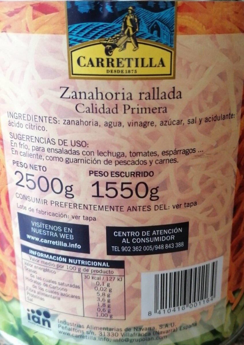 Zanahoria rallada - Informació nutricional - es