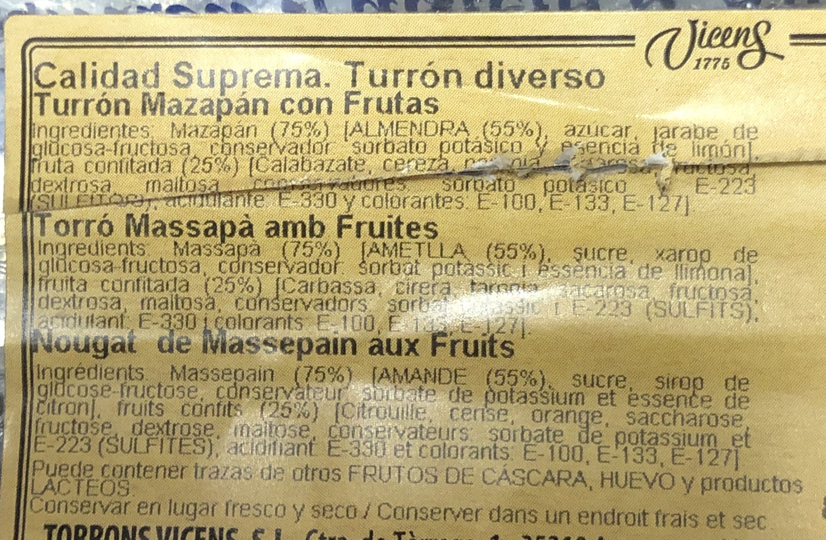 Turrón mazapán fruta - Ingredients - es