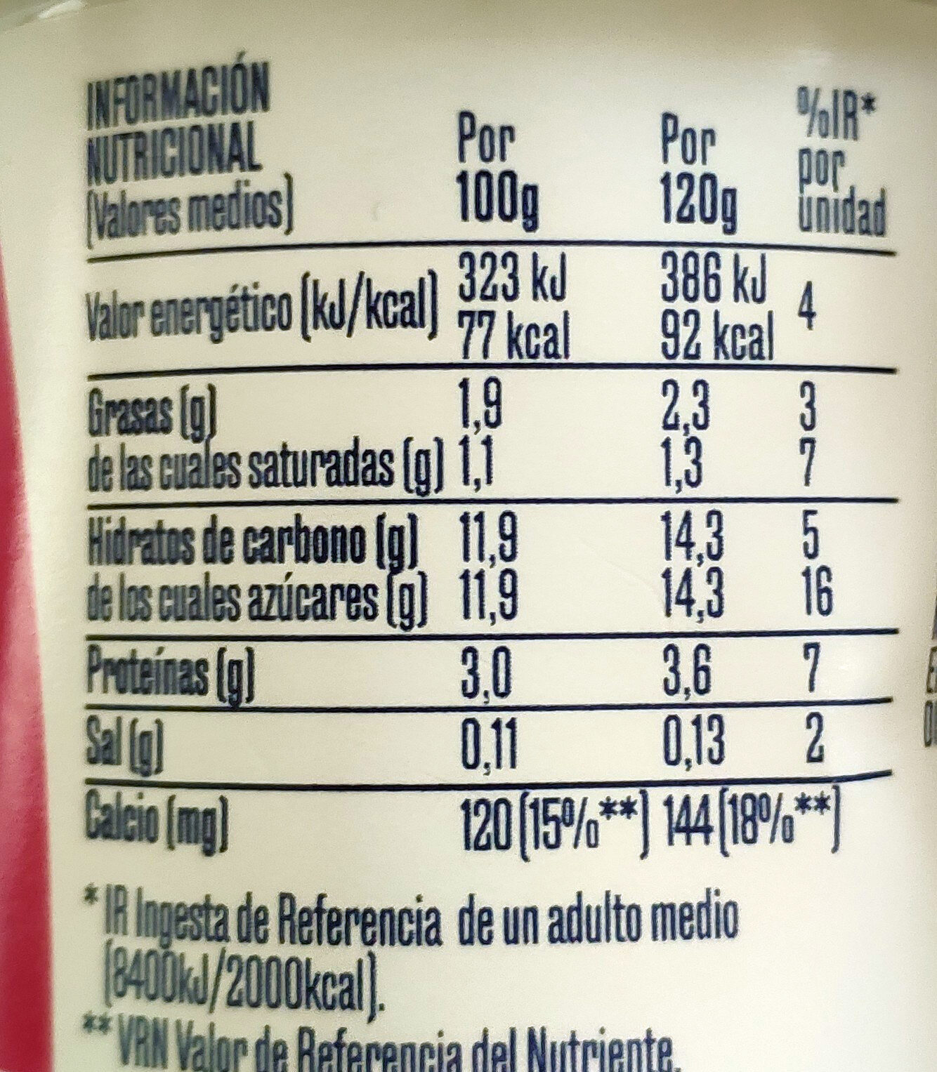 Yogur sabor macedonia - Información nutricional