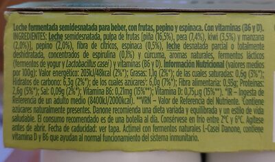 Actimel Fruit&Veg sin azúcar añadido - Manzana, kiwi, pera, piña, espinacas, pepino y espirulina - Tableau nutritionnel - es
