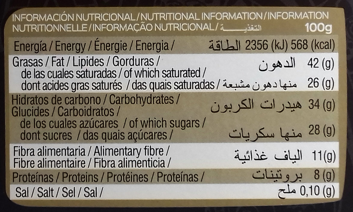 Chocolate negro 72% cacao - Información nutricional