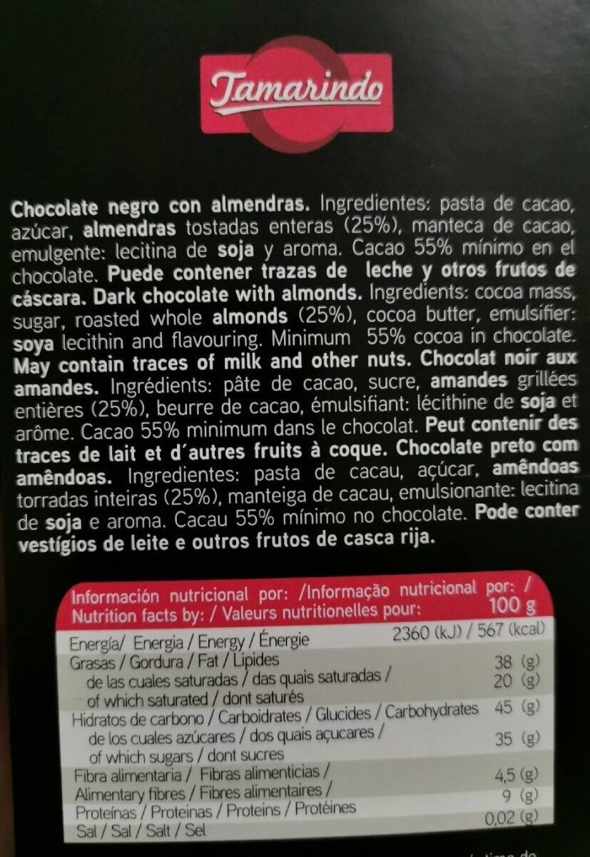 Chocolate negro con almendras - Informació nutricional - es