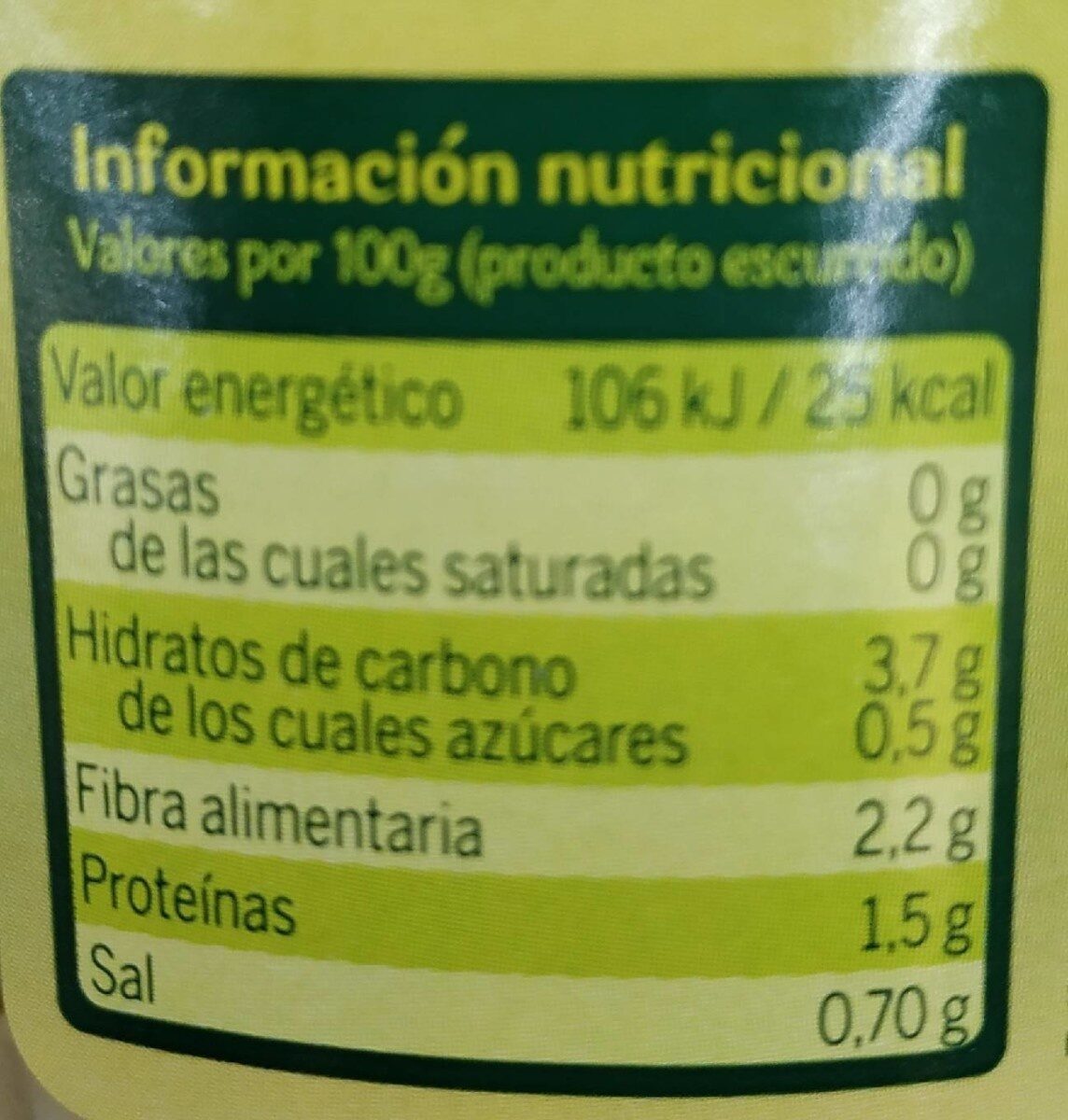 Corazones de alcachofa - Informació nutricional - fr
