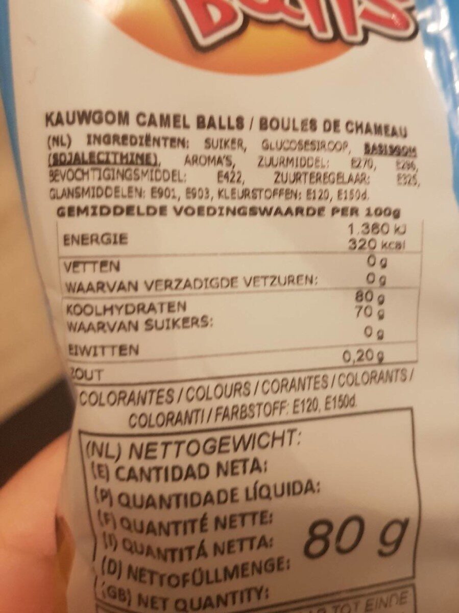 Fini Bubble Gum Camel Balls Extra Sour Flüssig Gefüllt. - Tableau nutritionnel