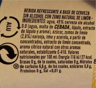 Radler cerveza rubia sin alcohol con zumo natural de limón - Informació nutricional