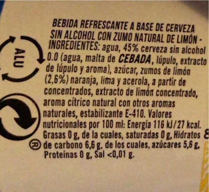 Radler cerveza rubia sin alcohol con zumo natural de limón - Informació nutricional - es