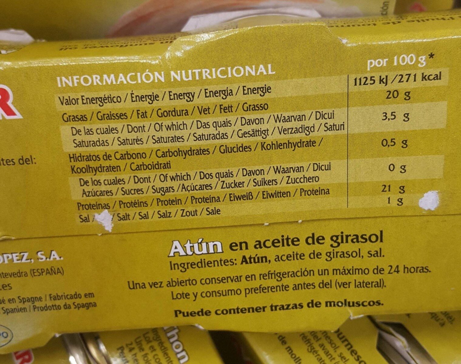 Atún en aceite de girasol - Nutrition facts - fr